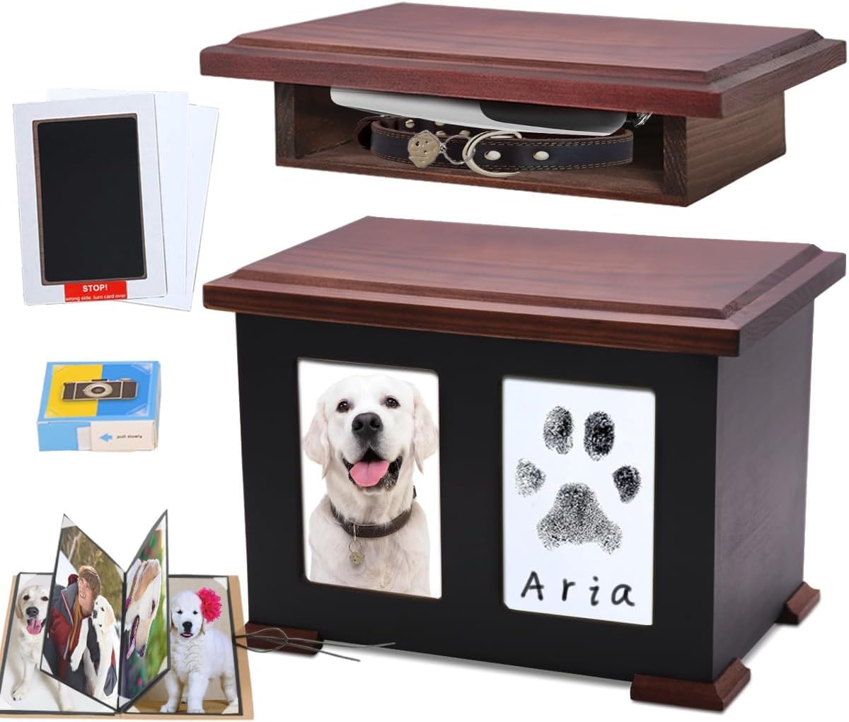 Sofunii Pet Urns for Dogs Ashes,X Large Wooden Dog Urn Keepsake,Cat Urns for Ashes, Pet Memory Box Memorial Boxs with Paw Print Impression Kit&Album Photo Frame for Loss Dogs Personalized