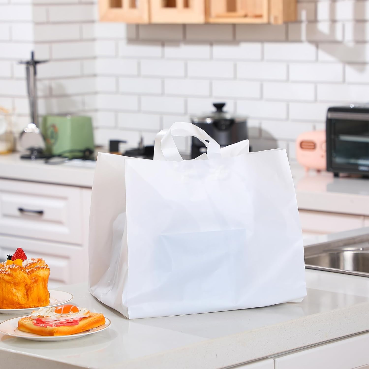 50 Pcs Half Tray Catering Bags Take out Bags Bulk Catering Bag with Cardboard Bottom and Soft Loop Handles for Restaurant, Retail, Business - Image 6