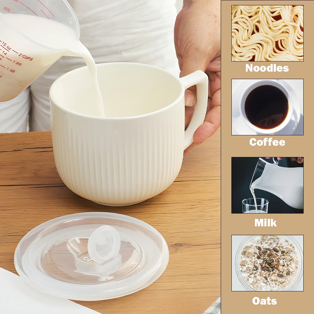 Accmuzzy Soup Mug 900mL with Handle & Lid, Ceramic Large Soup Bowl, Microwave Safe Porridge Bowl for Ramen Noodle, Oatmeal - Image 3