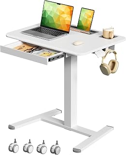 Gibbon Mounts Laptoptisch Höhenverstellbar 70x50cm mit Schubladen & Rollen | Weiß Mobiler Schreibtisch mit Slot, Halter & Haken, 3cm Flacher Sockel für Enge Lücken, 4 Feststellbare Räder als Ersatz inkl
