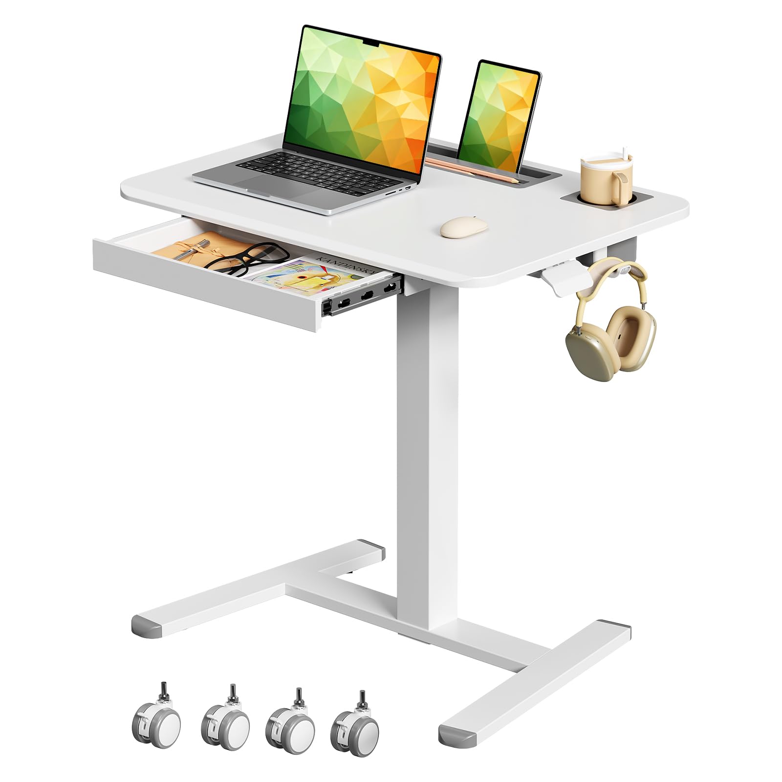Gibbon Mounts 70x50cm höhenverstellbarer Schreibtisch mit Schublade, Rollen | Weiß Mobiler Laptoptisch mit Handyfach, Halter & Haken, 3cm flacher Sockel für enge Lücken, 4 bremsbare Räder als Ersatz inkl