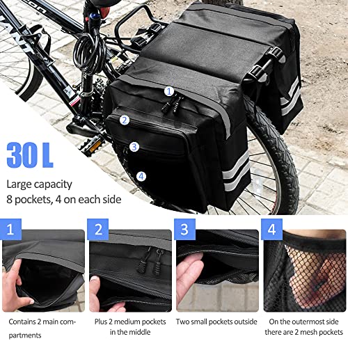 Tyuodna 30L Waterproof Bike Pannier Bag, Bike Rear Double Pannier Bag, Bicycle Pannier Rear Rack Bags with Reflective Stripe, for Commute, Travel and Picnic - Image 3