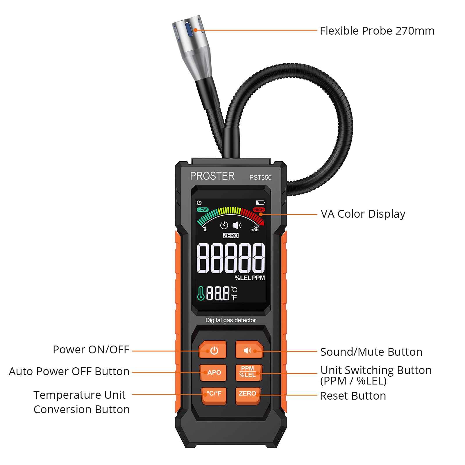 Proster Rilevatore Fughe Gas Portatile 50–50,000 PPM con Sonda a Collo d'Oca da 27 cm e Display a Colori, per Metano GPL Propano Butano Gas Naturale Allarme Sonoro Visivo per Casa Camper Cucina Camino