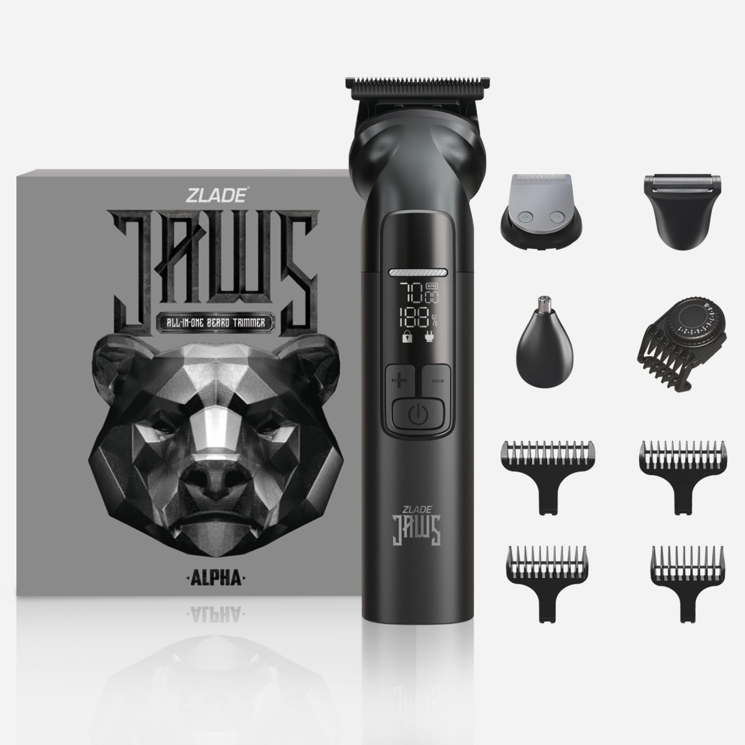 Zlade Jaws Alpha All-In-One Beard Trimmer for Men, 1200 mAh powerful battery with 150min runtime, USB C Ultra Fast Charging, IPX7 Waterproof full Washable Aluminium Body | 0mm to 10mm Precision Cutting | Smart Travel Lock and Digital Display with 3 Power Modes (Grey)-image-8