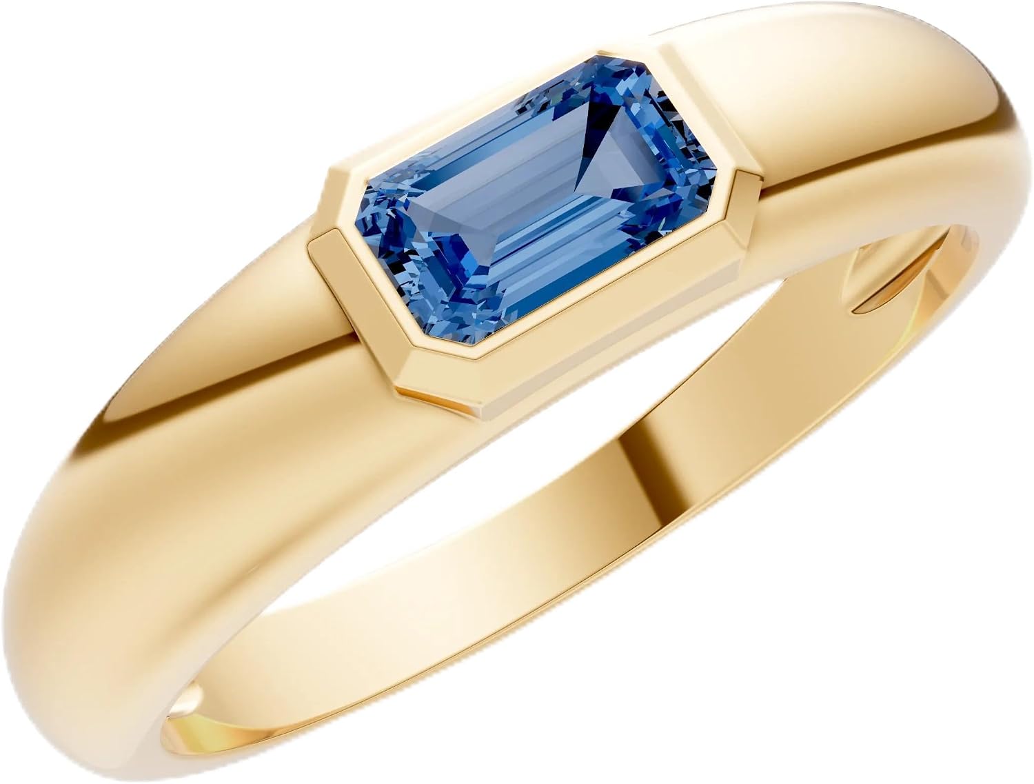 PEORA Emerald Cut Cut London Blue Topaz Dome Band Available in Solid 10K, 14K or 18K Ring – White, Yellow or Rose Gold