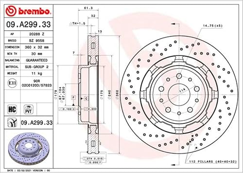 BREMBO 2x Bremsscheibe 09.A299.33 Innenbelüftet, Kompatibel mit: MASERATI GRAN T