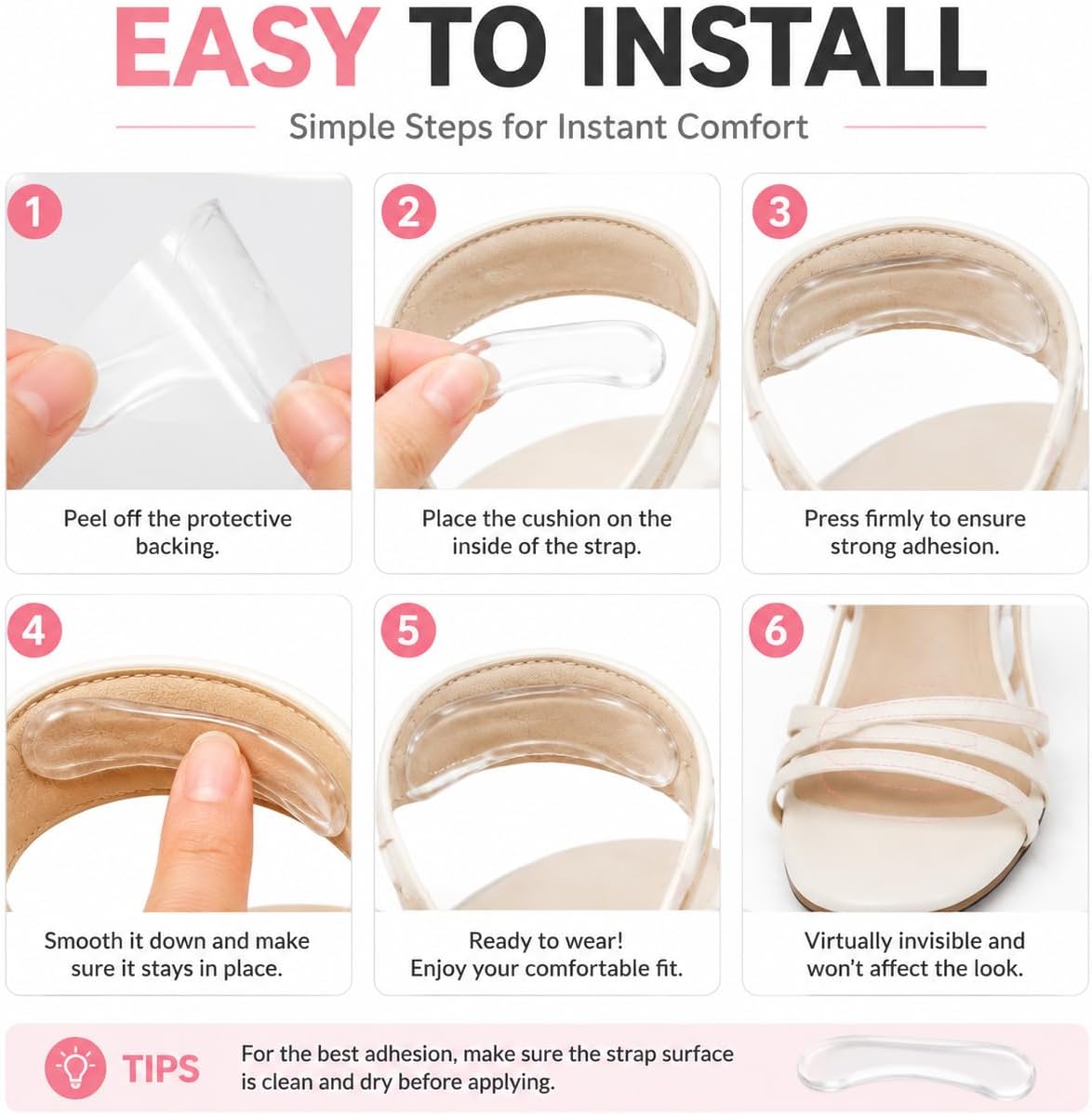 10 Pairs Sandal Cushion, Transparent Heel Strap Cushion, Self-Adhesive Foot Petals Strap Cushions, Soft Silicone Upper Curve Protectors to Blisters, Shoe Pads for Sandals, Heels & Flats. image 5