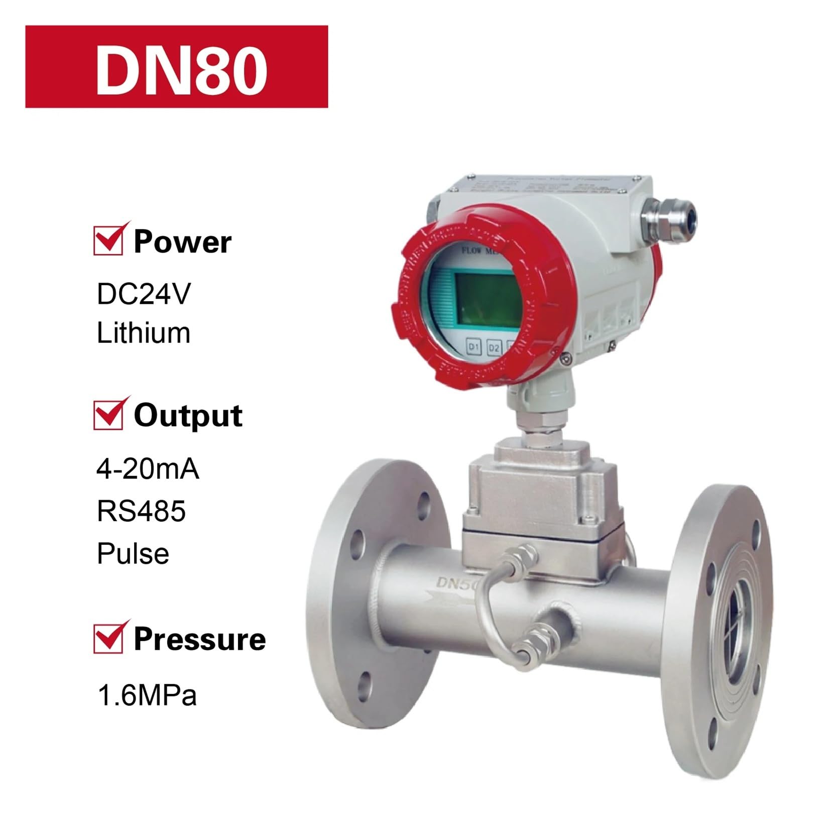 Medidor de flujo de gas de alta precisión con pantalla LCD, caudalímetro de turbina electromagnética de acero inoxidable DN80 DN100 Garantizar la estabilidad(DN80)