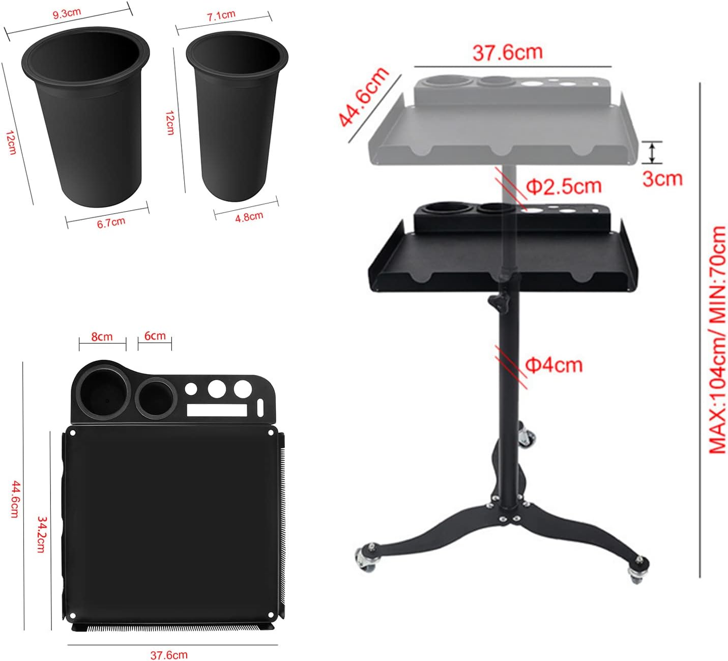 Rolling Salon Tray Cart Height Adjustable, Rolling Aluminum Tray Cart on Wheels for Hair Stylist, Hair Salon Wig Holder Removable Hair Extension Tool Tray