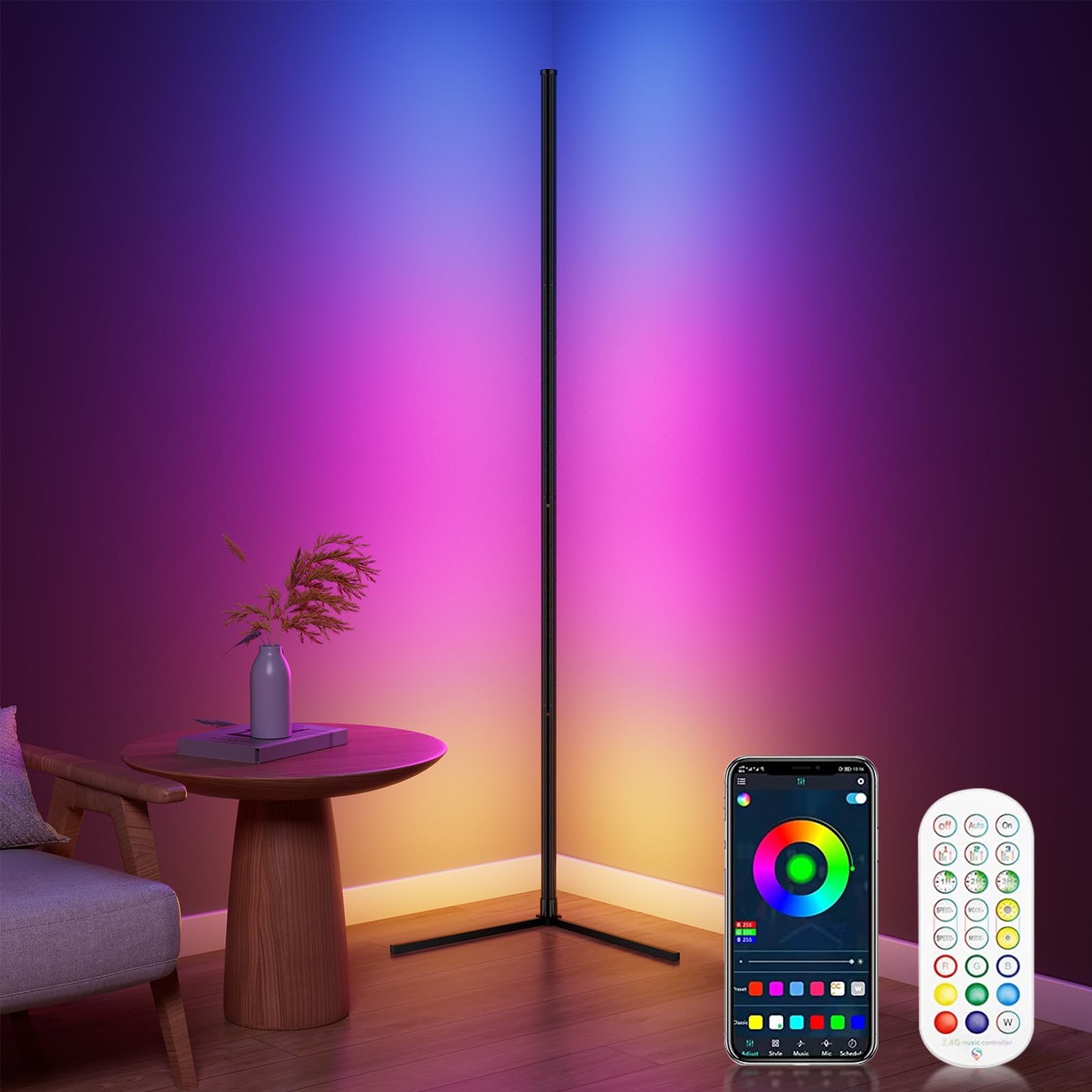 WISIMMALL RGB Corner Floor Lamp, Bluetooth APP and Remote Control