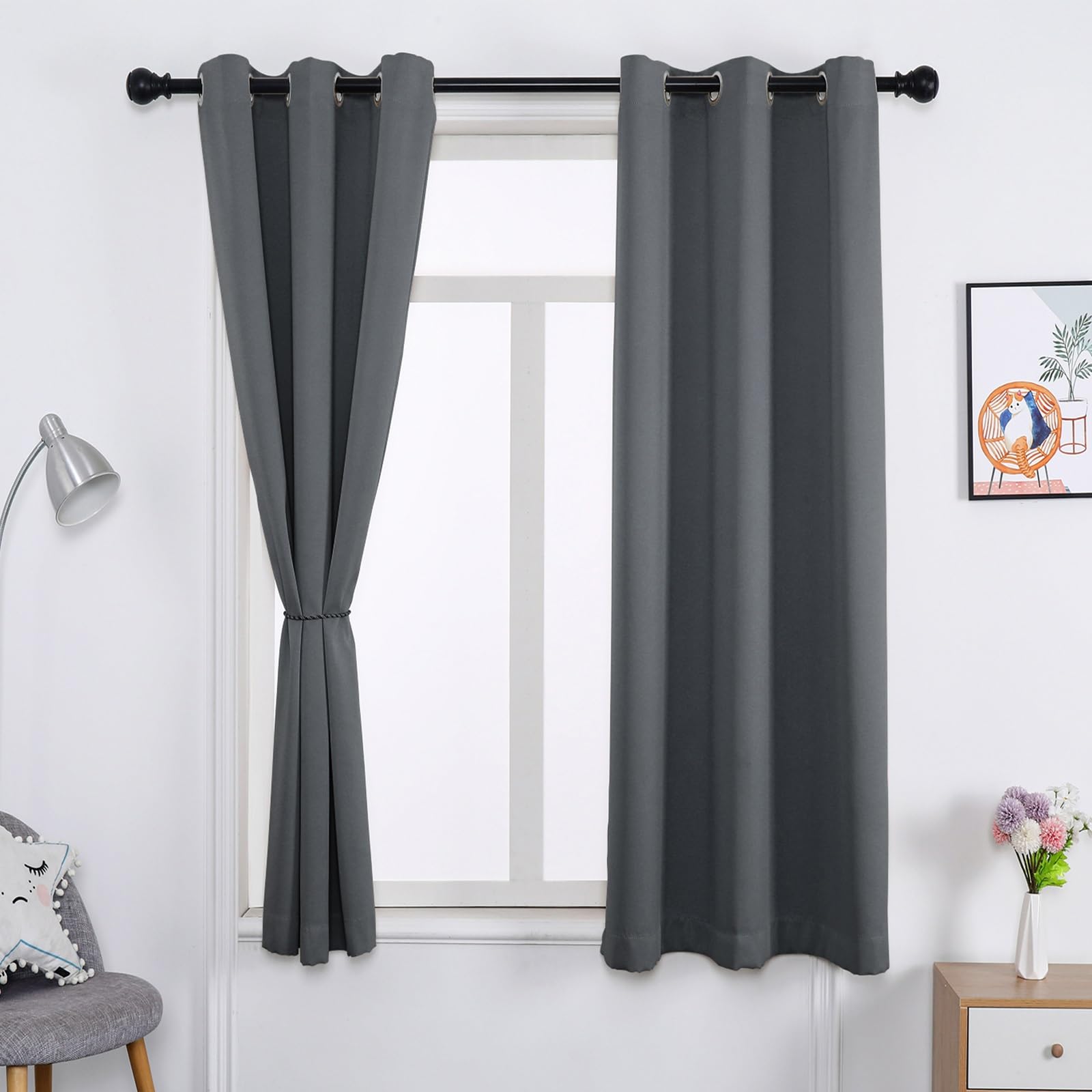 WUXXIANG Blackout Curtains with Tiebacks 70 x 80 cm UV Block and Privacy Protection, Living Room Eyelet Curtains, with Blackout Lining, for Bedroom Nursery, Dark Grey