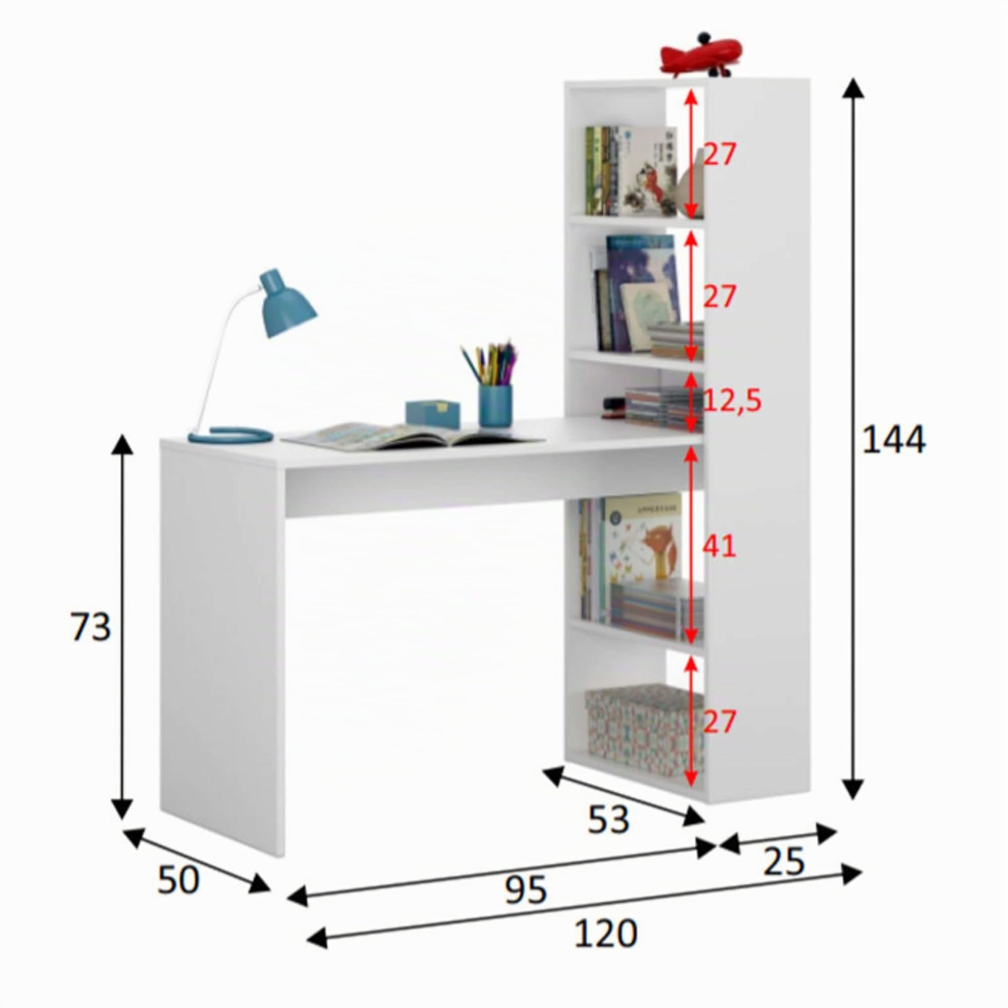 Habitdesign Mesa de Escritorio Dois con Estantería Reversible Blanco Mate, Fabricado en Melamina 120x144x53 cm
