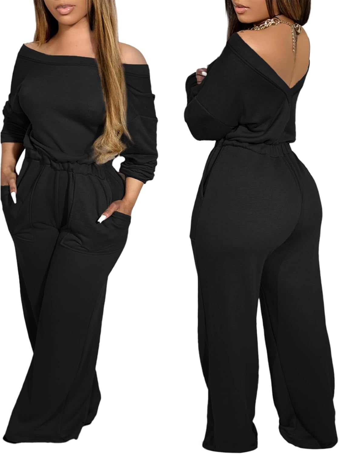 CHICME Women‘s Casual Jumpsuit Off the Shoulder Jumpsuits for Women Long Sleeve Wide Leg Pants Dressy Overalls