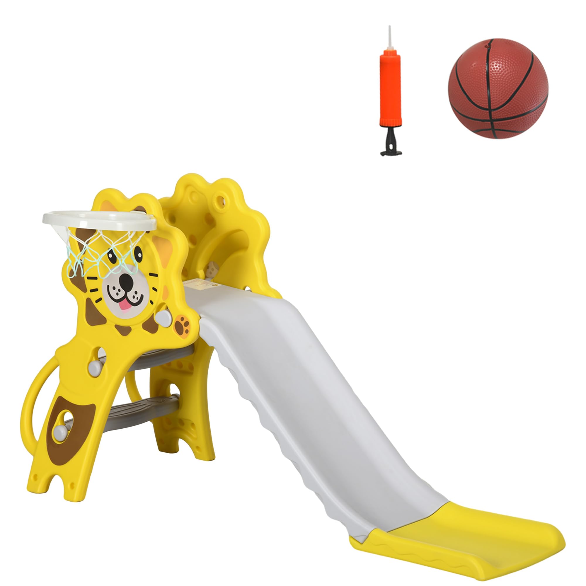 AIYAPLAY Tobogán Infantil 3 en 1 Tobogán para Niños de 18 a 36 Meses con 2 Escaleras 1 Canasta de Baloncesto y Patrón de Animal para Interior 131x50x74 cm Amarillo y Gris