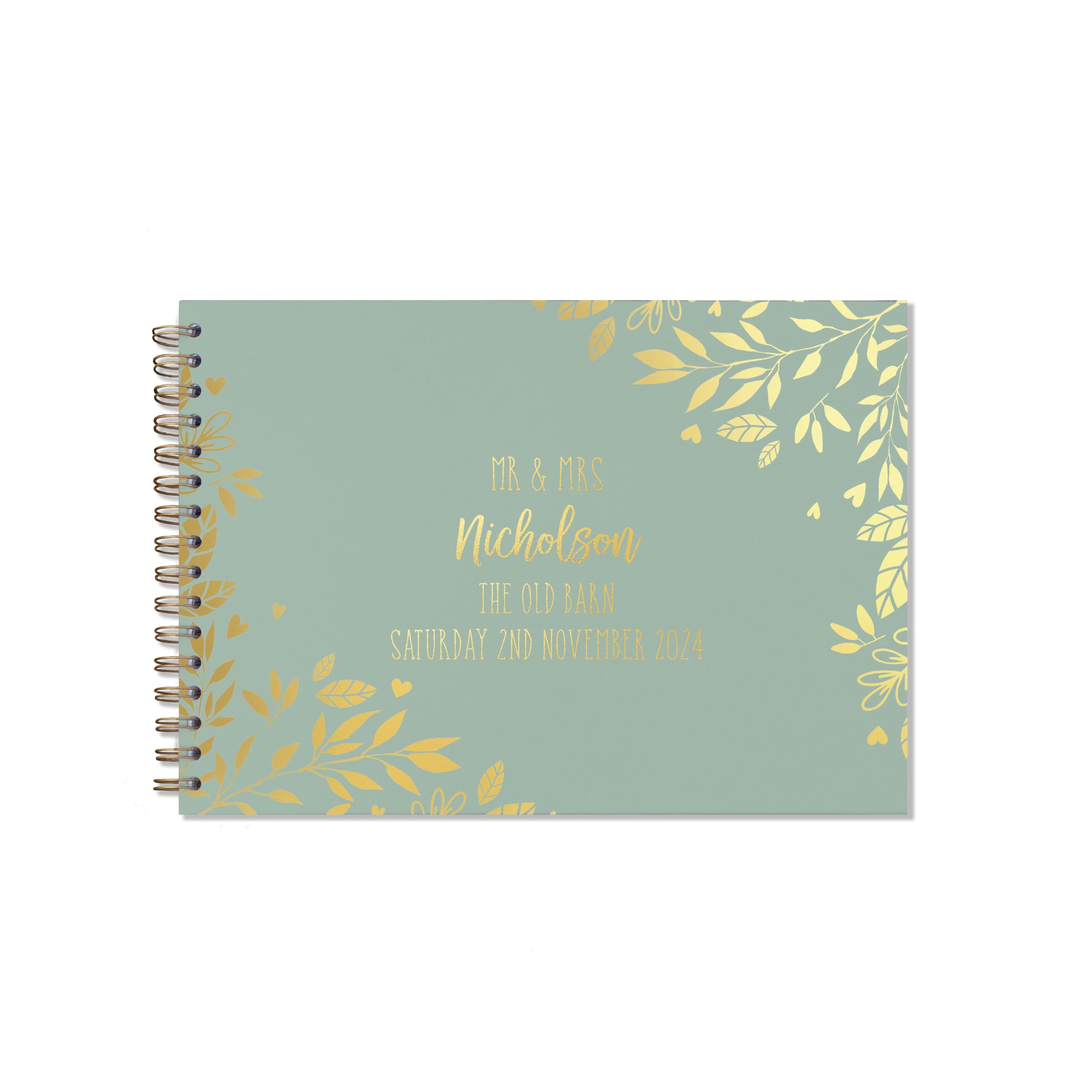 "Manta Makes Wedding Guest book personalised gold foil 26 colour choices A5 or A4, signing book wedding decorations for wedding reception, wedding books for guests to sign (A5, Sage Green)" โ image 1