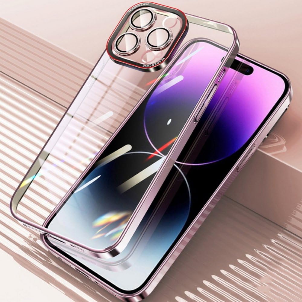 Coque iPhone 14 Plus rigide anti-choc protégeant l'objectif photo avec dos transparent rose - 7