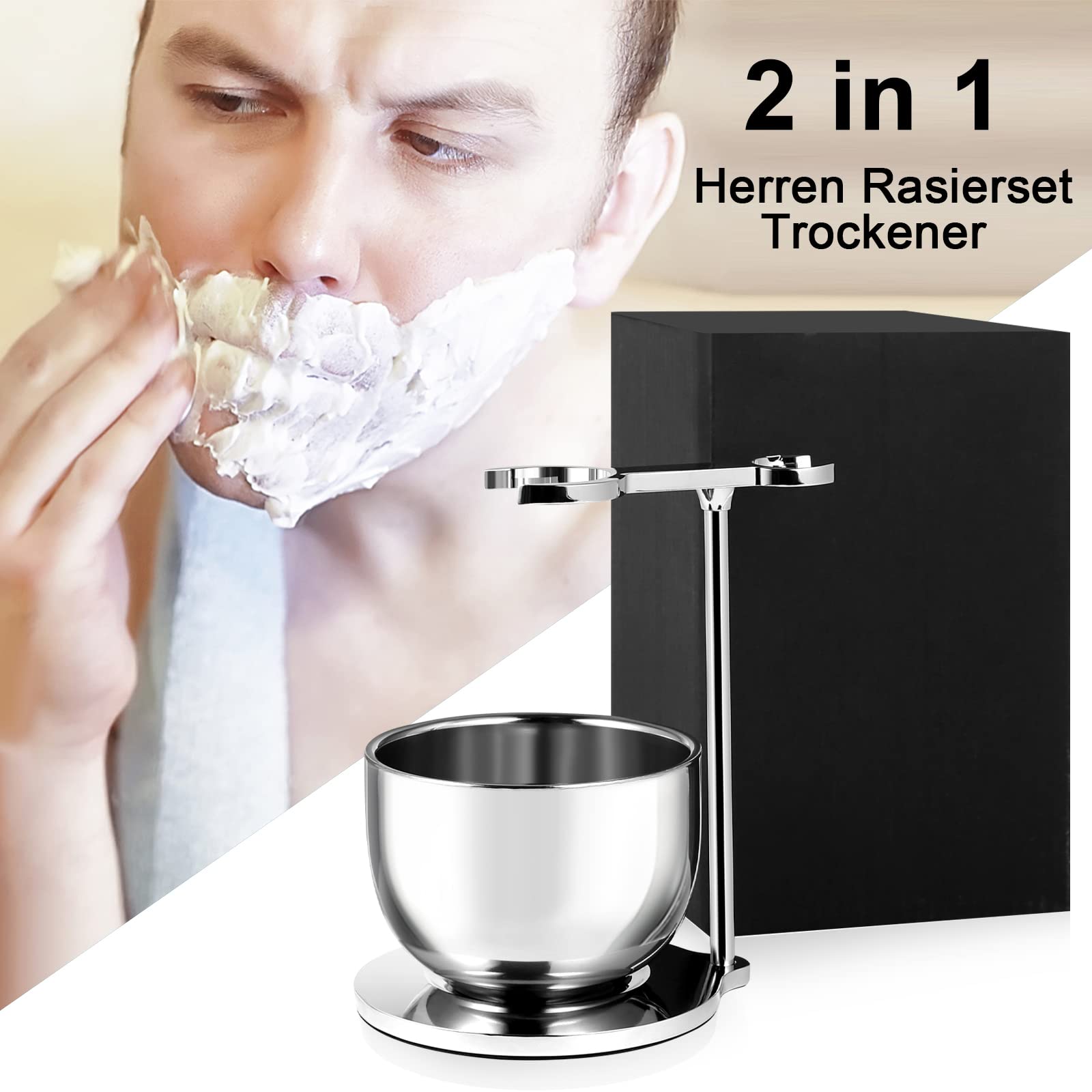 GRUTTI Kit Afeitado 2en1 Premium: Tazón Doble Pared Acero Inox con Retención de Calor y Soporte Ahorrador - Regalo para el Día del Padre