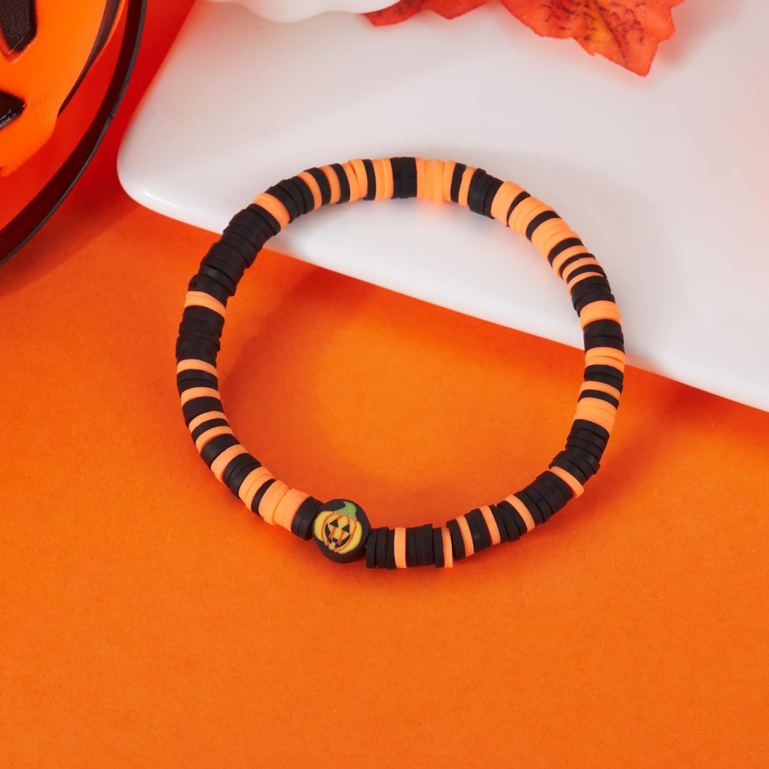 LIU JUN Halloween Bracelets Bulk For Women, 7Pcs Ghost Pumpkin Skull Skeleton Cat Charm Stackable Kit Clay Beaded Stretch Wrist Gift Jewelry - Image 6