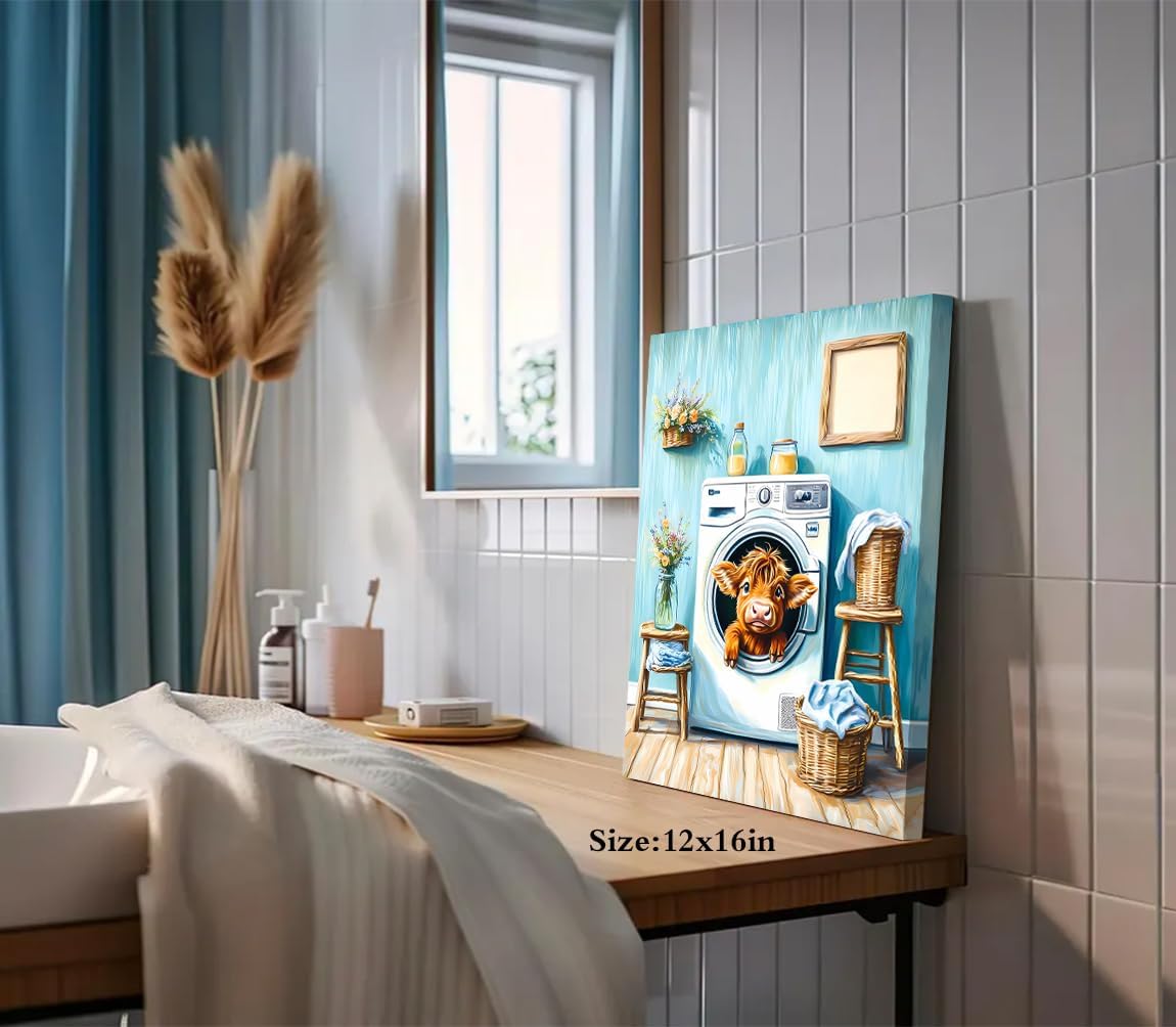 Farmhouse Laundry Room Wall Art Decor Rustic Highland Cow Floral Picture Funny Laundry Room Sign Wall Decor Canvas Print Painting for Bathroom Laundromat Washroom(12"x16"Framed)
