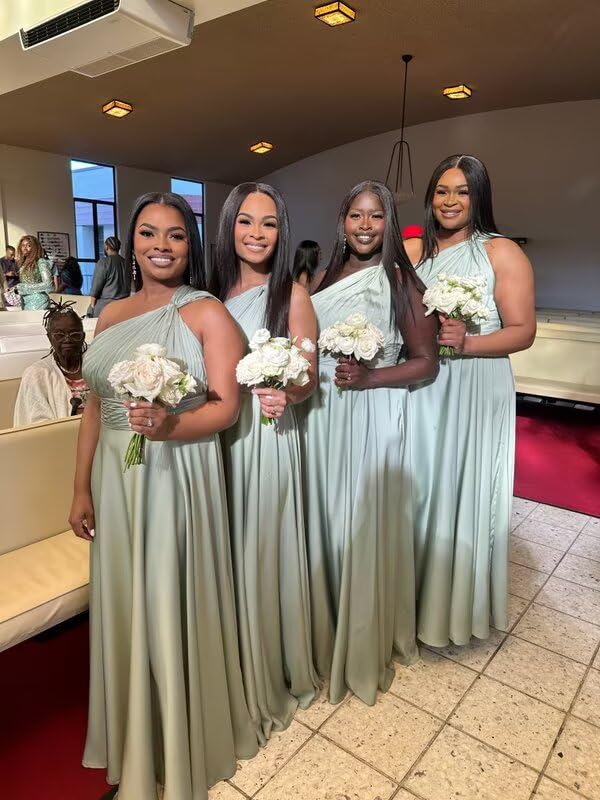 One Shoulder Bridesmaid Dresses for Women Ruffle Satin A Line Pleated Long Formal Evening Gown with Pockets4