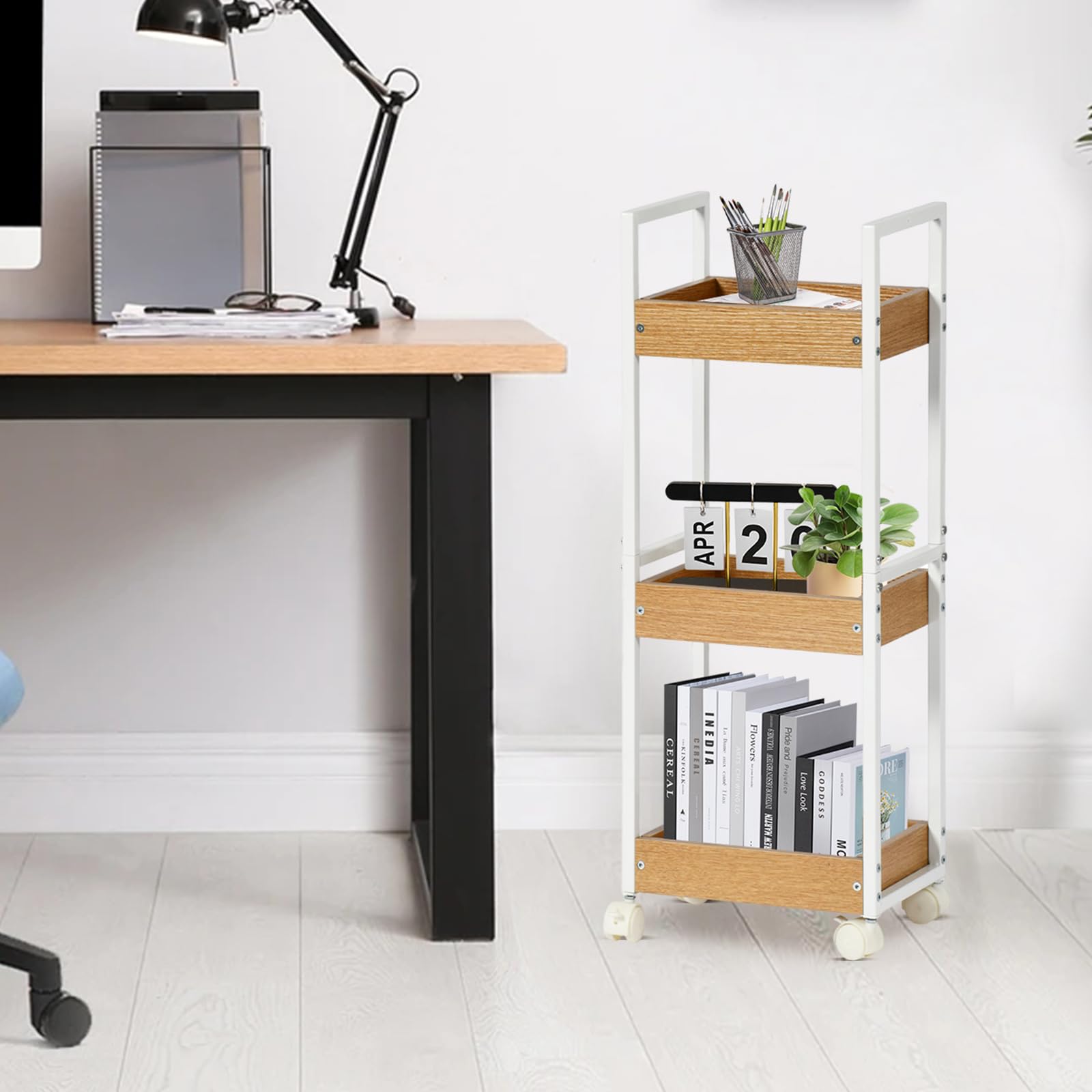 EGGREE Carrello Portaoggetti a 3 Livelli, Carrello Salvaspazio, Mensole Strette per il Bagno, Carrello da Cucina con Rotelle, Carrello bagno, 30 x 20 x 80 cm, Bianco