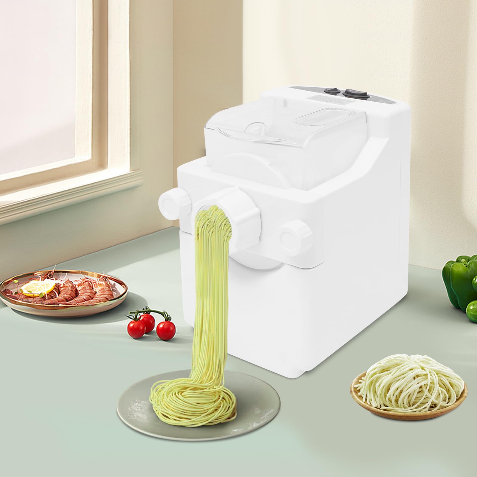Máquina de pasta eléctrica de 180 W con 9 discos de moldeo hasta 500 g de masa para empanadillas, pasta y pasta, color blanco 55-60 RPM