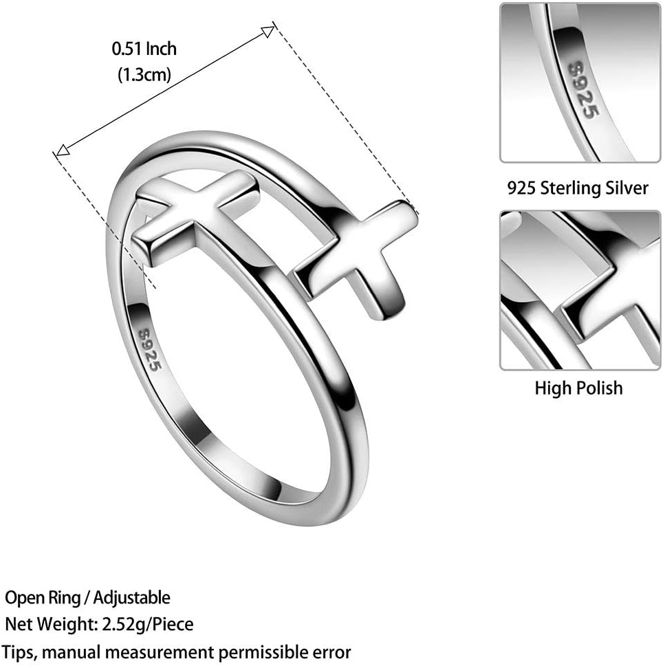 Jewmon 925 Sterling Silver Cross Ring for Women Adjustable Faith Purity Ring Christian Wrap Open Band Criss Cross Jewelry Baptism Christian Gifts for Mom Wife Birthday Xmas Gifts for Her