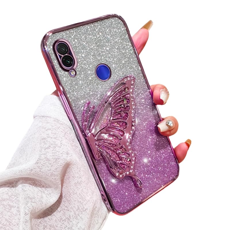 Compatible for Xiaomi Redmi Note 7, Redmi Note7 Pro Case with Butterfly Stand, Clear Glitter Quicksand 3D Butterfly Bling, Soft Protective Cover Women