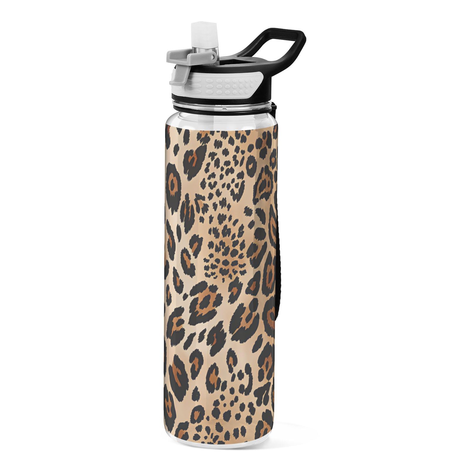 FLildon Leopard Print Water Bottle with Straw Lid 32oz Leakproof Clear Gym Water Bottles for Women Men Outdoor Sport Drinking