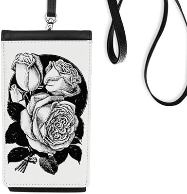 Sketch Rose Flower Pattern Phone Wallet Purse Hanging Mobile Pouch Black Pocket