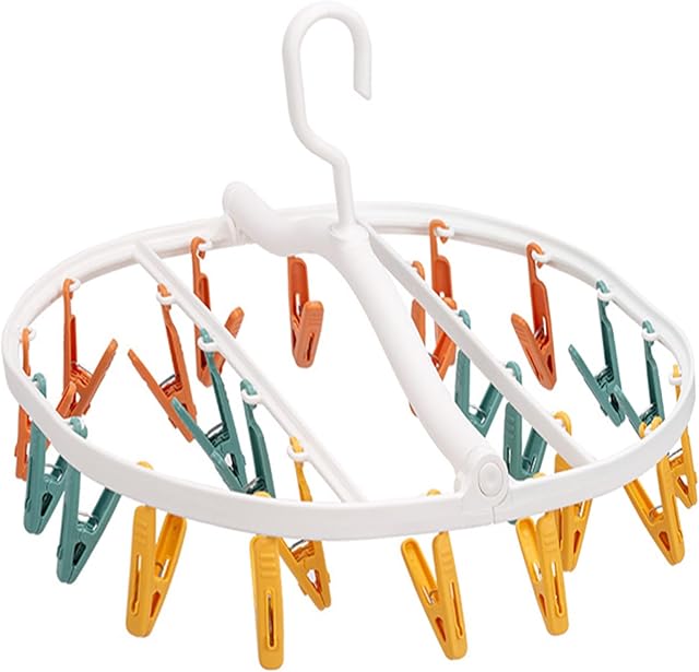 CHIKIXSON 24-Piece Peg Round Sock Dryer for Washing Line, Underwear Dryer, Portable Plastic Hanging Clothes Airer with Windproof Clips, Foldable Airer for Socks, Underwear, Baby Clothes and Hats