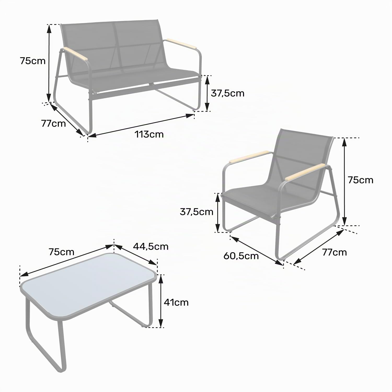 Happy Garden Salon de Jardin Tenerife en textilene Noir, 4 Places, disposant d'un canapé, de 2 fauteuils et d'une Table Basse rectangulaire