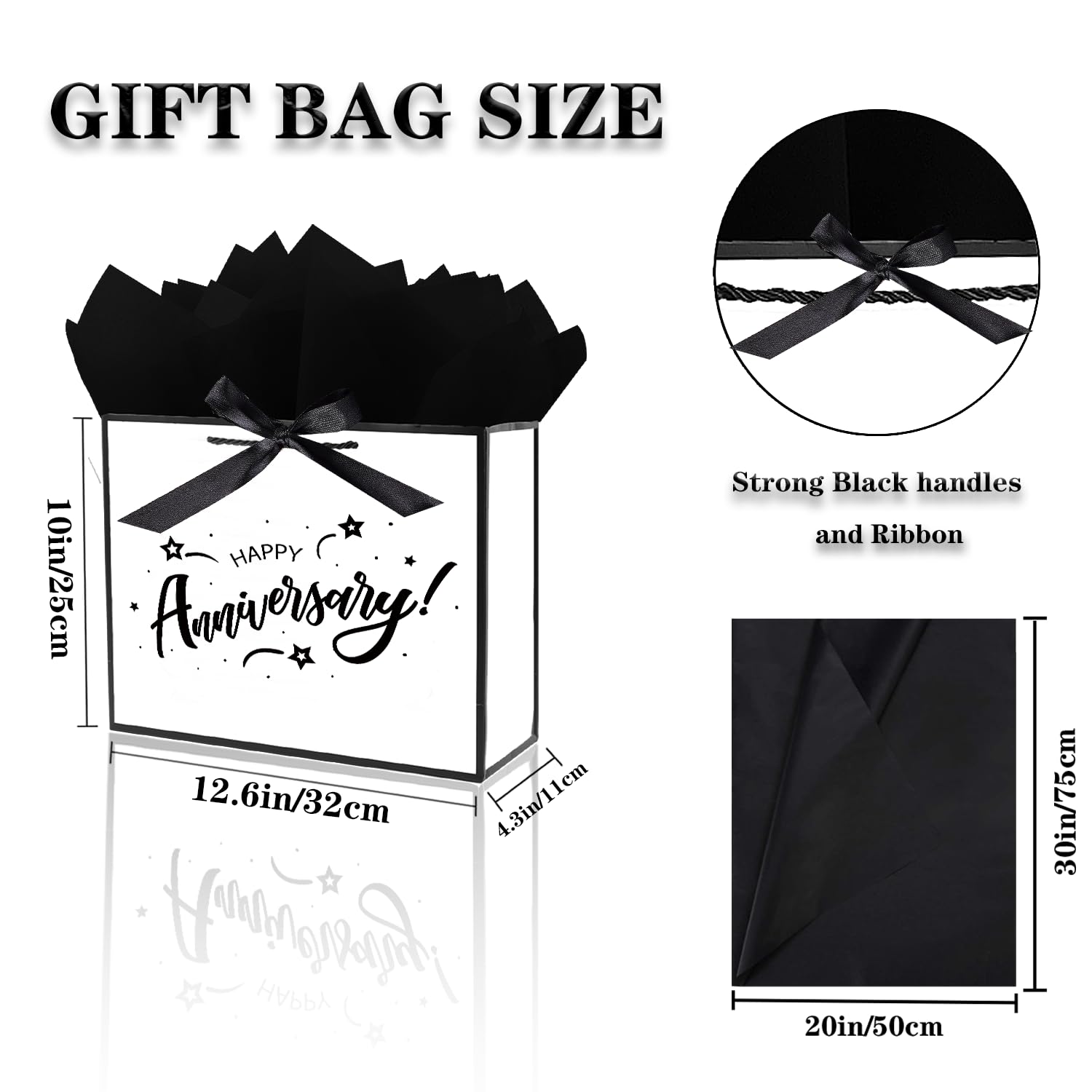 JWSCYSY 12.6" Large White and Metallic Black Happy Anniversary Paper Bag