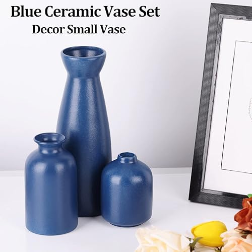 Miniatura 4 de Juego de 3 jarrones de cerámica azul, jarrones de decoración del hogar azul marino para sala de estar, decoración de mesa y centros de mesa,