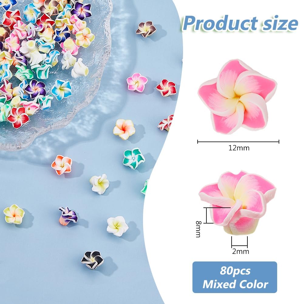 DICOSMETIC 80Pcs Polymer Clay Flower Beads Assorted Colors Floral Beads Plumeria Flower Beads Hawaiian Flower Beads 12x8mm Frangipani Flower Beads for Jewelry Making, Hole: 1.6mm - Image 2