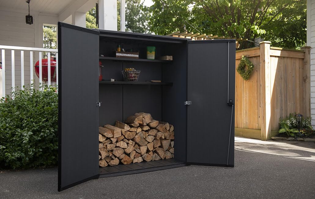 Keter Porte-Outils d'extérieur Vertical Walnut, idéal pour Le Jardin, Finition Effet Bois Noyer, 140 x 73,6 x 170,4 cm, 1400 L