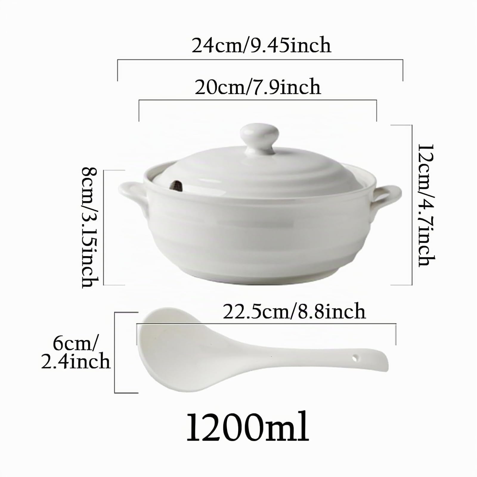 Sopera de cerámica con tapa Sopera de sopa de porcelana blanca Sopera redonda de cerámica Tazón de cerámica para restaurante Decoración de la cocina del hogar Apto para microondas y lavavajillas