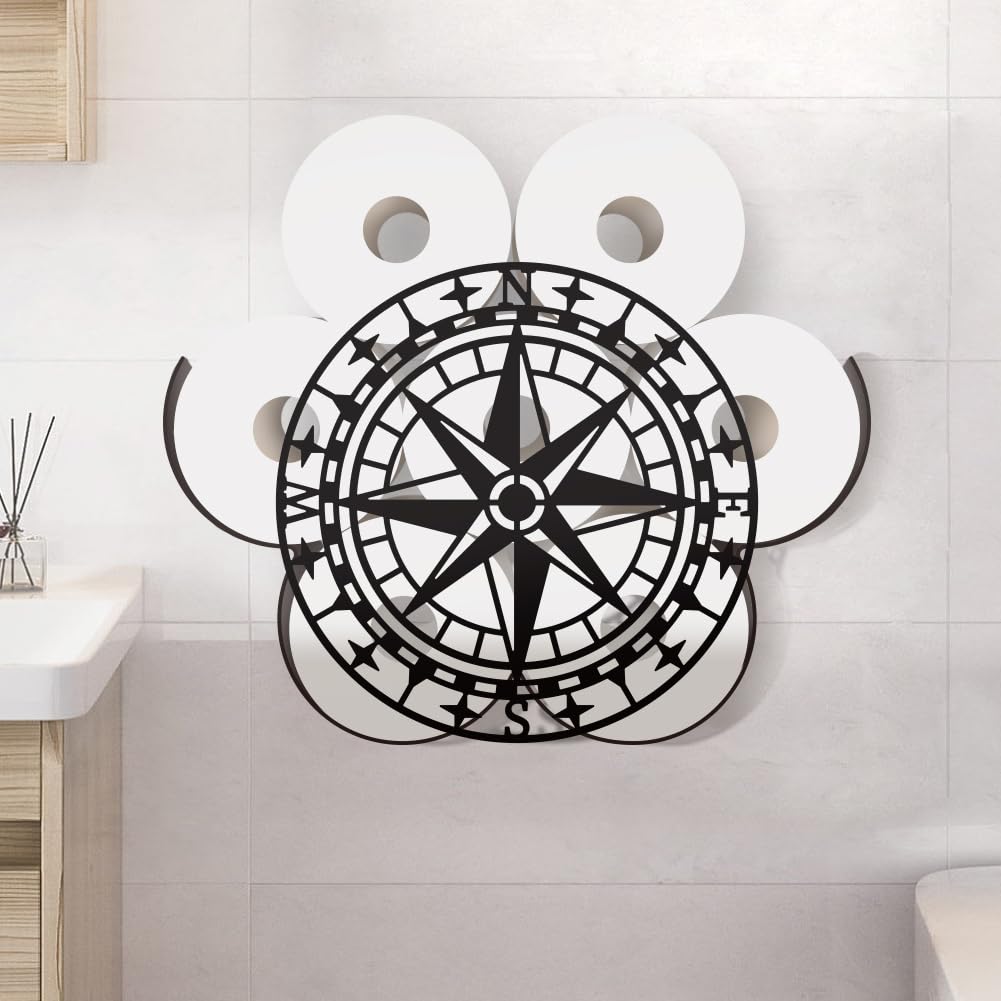 WADORN Nautical Compass Metal Toilet Paper Holder, Black Ocean Compass Decorative Metal Toilet Paper Storage for Extra 8 Rolls Funny Freestanding Nautical Wall Mounted Organizer for Restroom Bathroom โ image 1