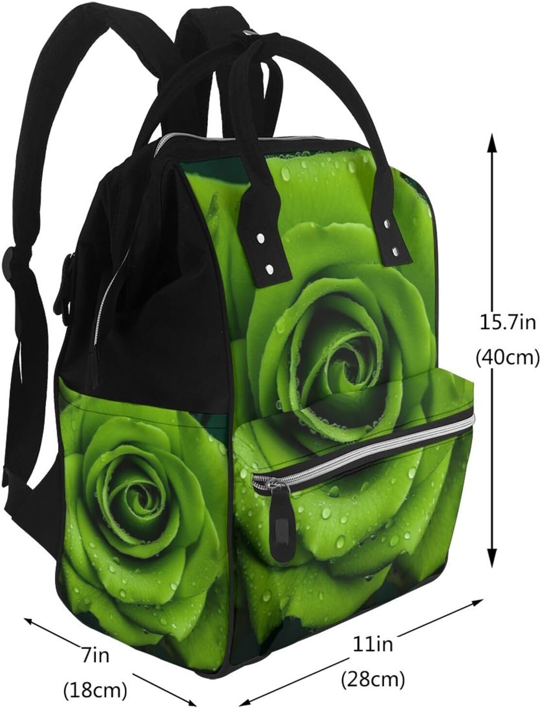 Green Rose Diaper Bag with Changing Pad, Pacifier Holder - Multifunction Travel Nappy Bags Large Capacity Laptop Backpack Waterproof Mommy Bag Casual Daypack for Mom image 2