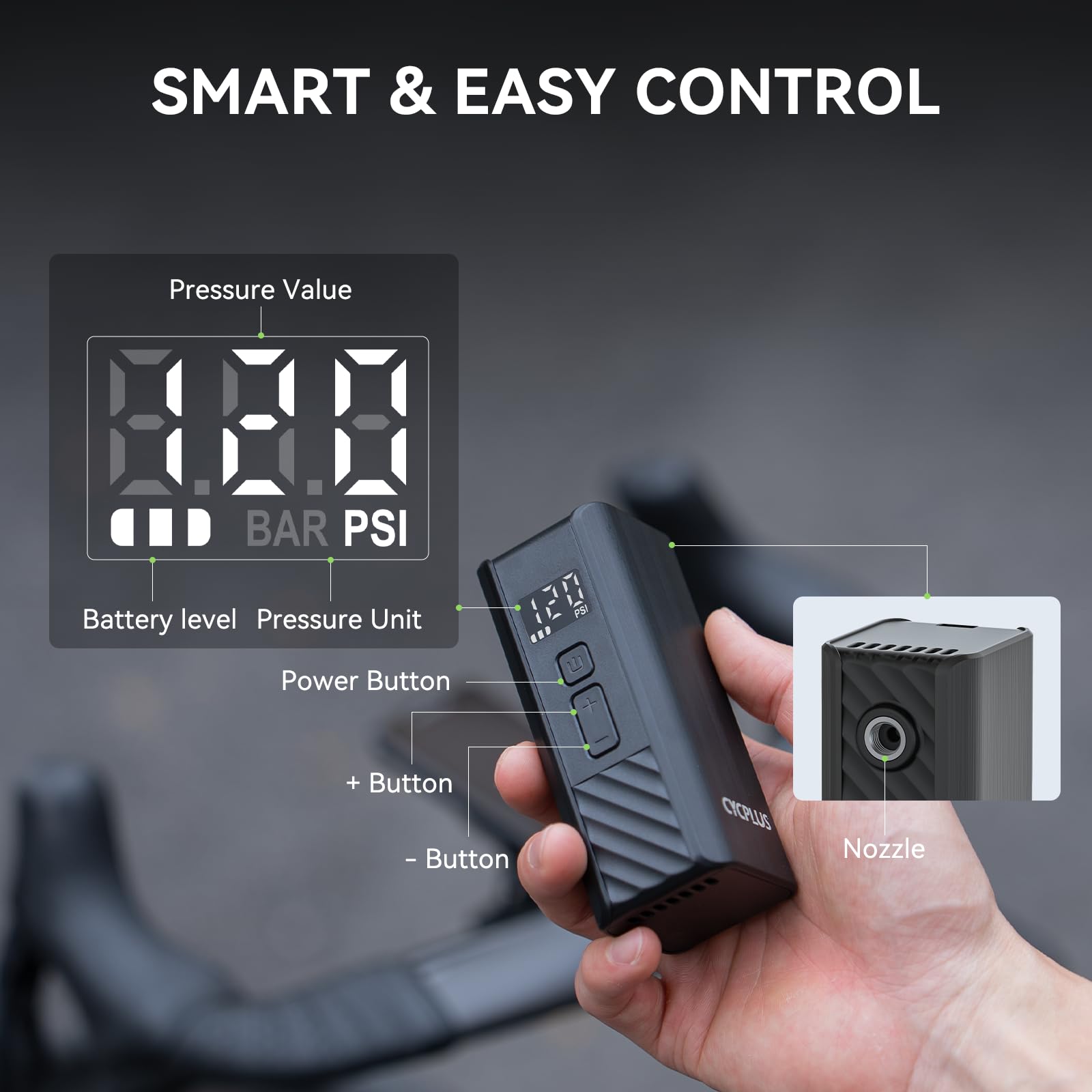 CYCPLUS A3 Mini pompka rowerowa 120 PSI, silnik bezszczotkowy | Bateria 2000mAh, Auto Stop, zawory Presta i Schrader, szybkie pompowanie, do MTB, e-bike i motocykli