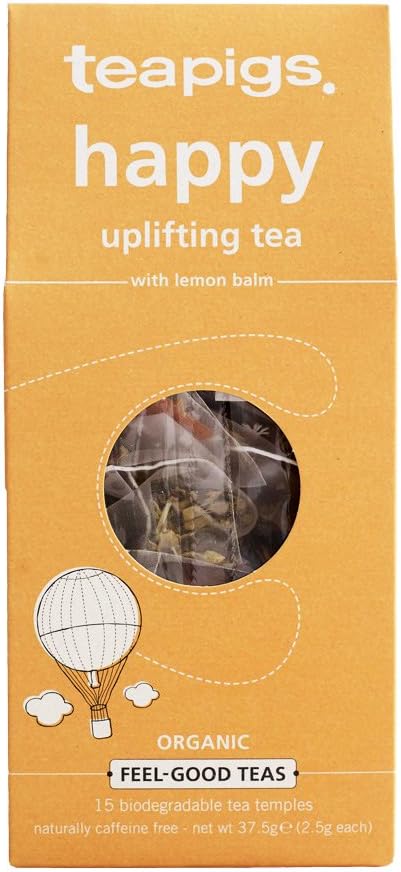Organic Happy Herbal Tea Made With Whole Tea Leaves, Natural Ingredients, Non-GMO, Uplifting Lemon & Turmeric – 90 Count (6 Packs of 15 Teabags)