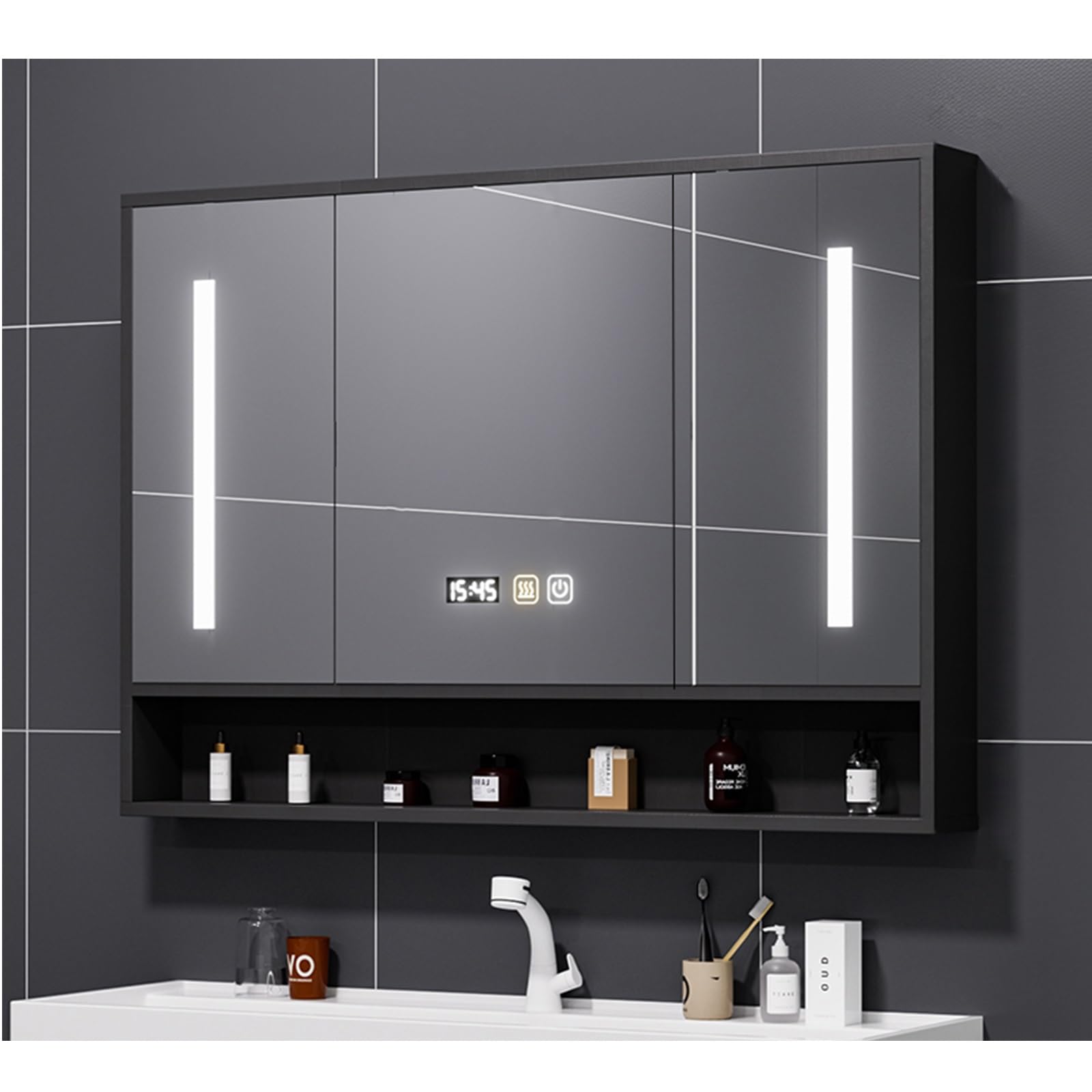 Espejo Baño con Luz Armario De Baño con Espejo Y Luz,Armario Baño con Espejo,Armario Espejo Baño con Luz,ararmario BaÃño Pared con Espejo,Armario Baño Pared con Espejo Y Luz(Black,97cm)