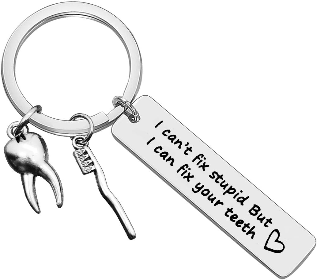 Dentist Keychain - 'I Can't Fix Stupid But I Can Fix Your Teeth' - Funny Dental Hygienist Gift - Silver, Small