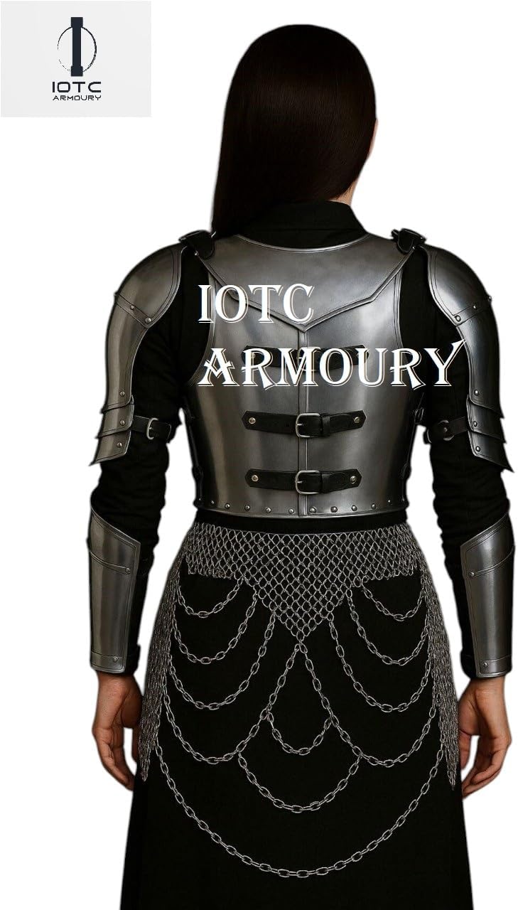 Medieval Lady Armor Half Body Armor Costume-Female Cuirass With Set Of Pauldron & Gorget-Chainmail Tasset & Arm Bracers Ideal For Cosplay Events, LARP, Women's Halloween & Fantasy Party Costume