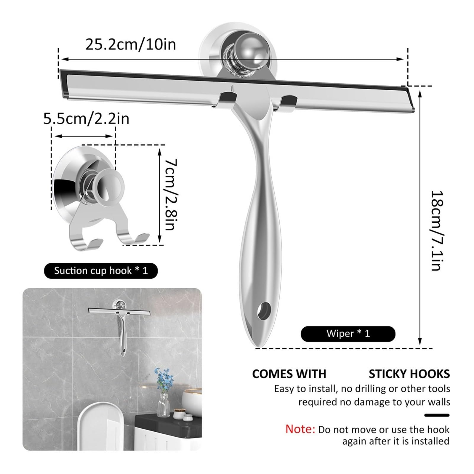 Limpiador de Ducha de Acero Inoxidable for Ventanas con Ventosa, Multiusos, for Ducha, Limpieza de Azulejos de baño, 1 Unidad para Ventana, Espejo