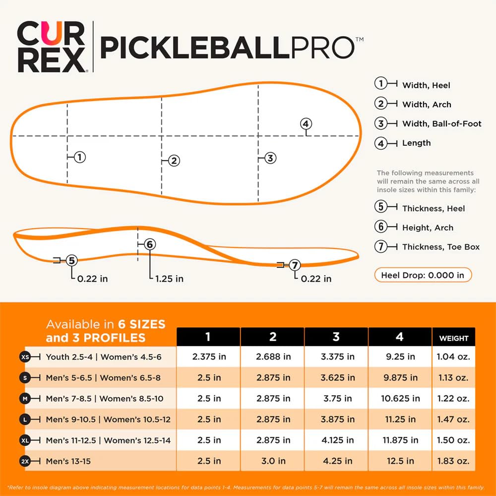 CURREX Pickleball Pro - Solette per scarpe da pickleball, inserti di supporto per arco plantare con superficie super grip e ammortizzazione del tallone di alta qualità, aiuta a migliorare la stabilità