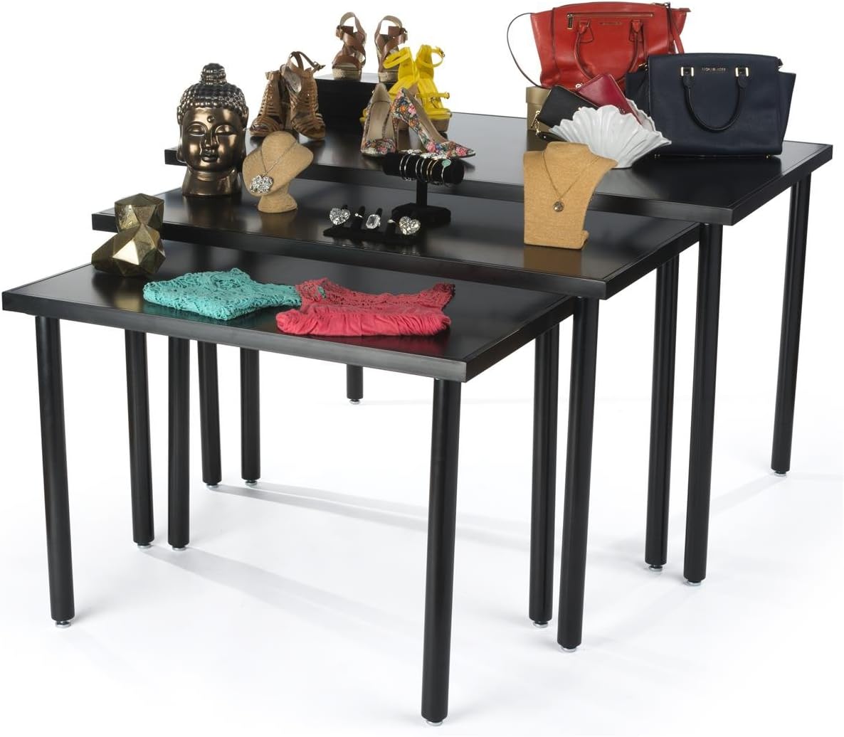 Displays2go Nested Black Retail Tables, Sold in Set of 3, Steel & MDF Build – Black Melamine Finish (NST3T48BK)