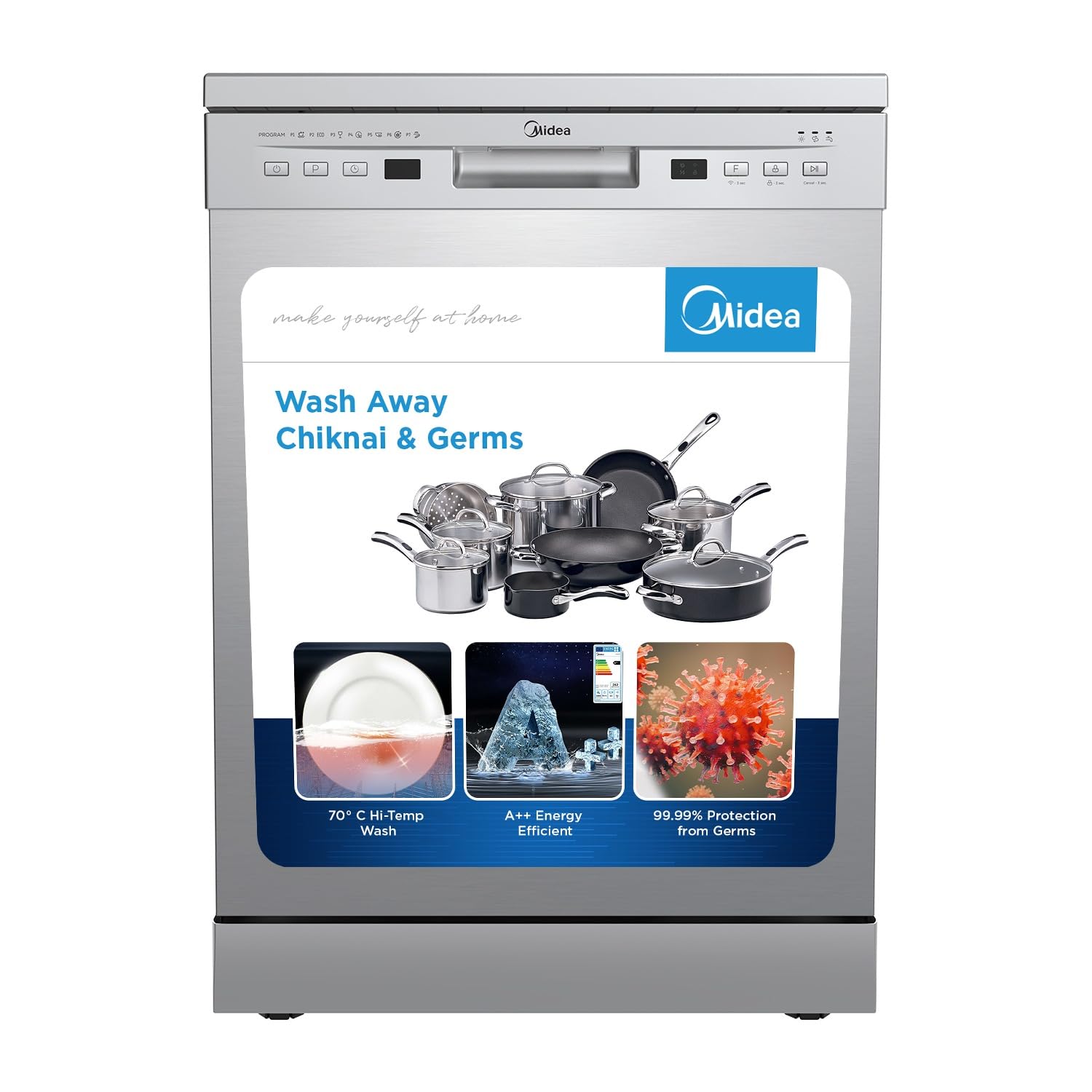 Midea 13 Place Settings Free Standing silver Dishwasher | 7 Wash Programs | LED Display | Power Wash | Wi-Fi Enabled with Midea SmartHome App | Self cleaning function | FMDWPF1301F(SS)-WG-image-20
