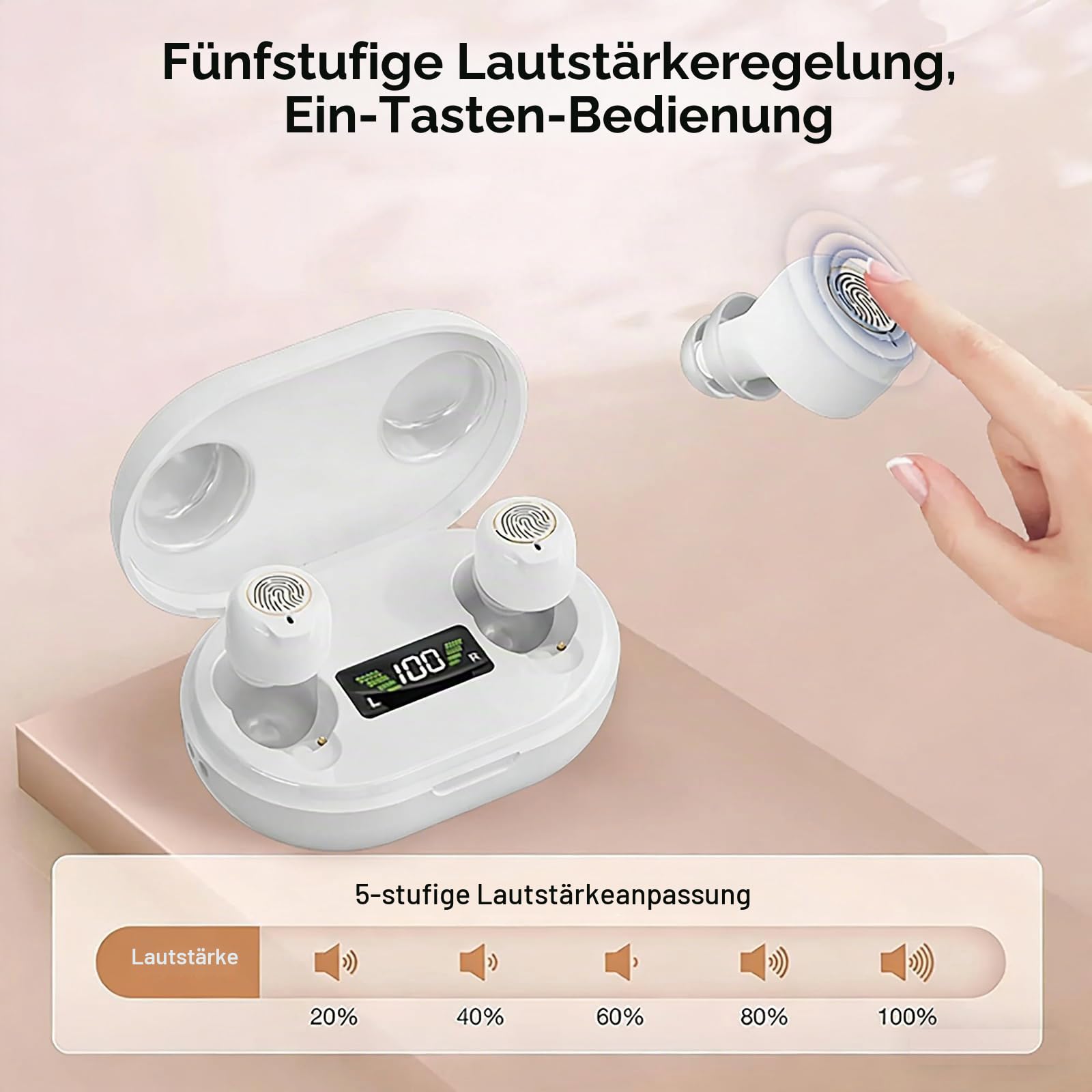 Wiederaufladbares Soundgerät für Senioren & Erwachsene, digitales Audiogerät mit 3,2 g leichtem In-Ear-Ohrhörer, Power on Anti-Heulen, Touch-Steuerung & LED-Ladehülle (Weiß)