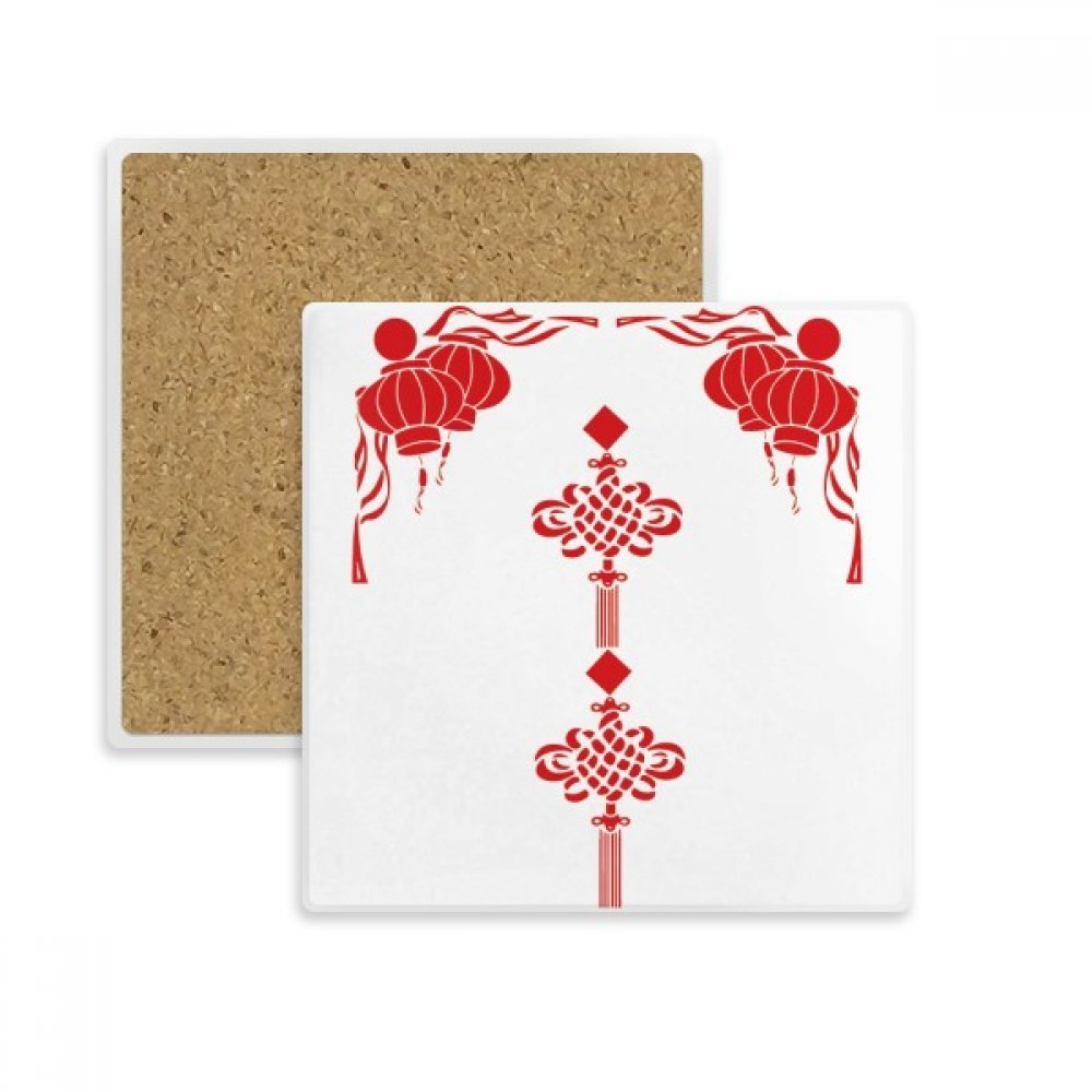 Lanterne rouge motif noeud chinois carré coaster tasse absorbant en pierre